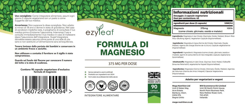Ezyleaf Magnesium Complex | 375mg Pure Elemental Magnesium Per Serving | Magnesium Glycinate, Magnesium Malate & Magnesium Citrate | 90 Vegan Capsules | ISO Certified, Allergen & Gluten Free | UK Made - BeesActive Australia