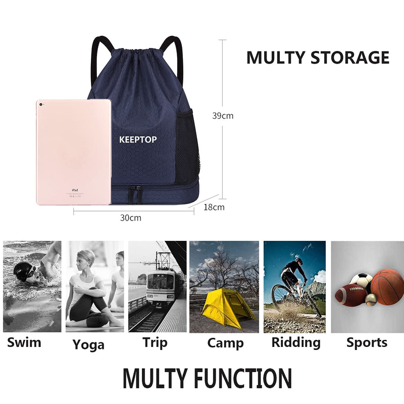 Waterproof Drawstring Backpack Training Gymsack Drawstring Strap Dry Wet Depart Daypack Casual Bags Swimming Yoga Sport Shoulder Rucksack (Dark Blue) Dark Blue - BeesActive Australia