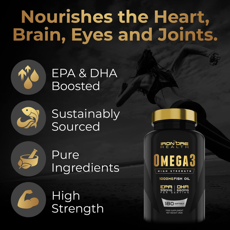 Omega 3 Fish Oil - 180 High Strength Capsules - 990mg EPA & 660mg DHA per Daily Serving - 2 Months Supply - Made in UK - BeesActive Australia