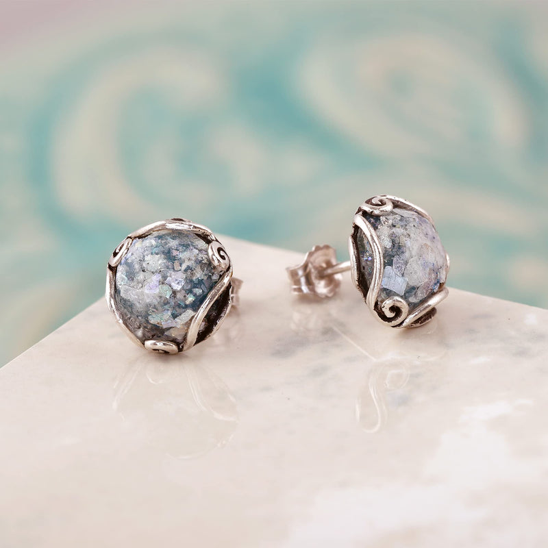 Paz Creations Women's 925 Sterling Silver Roman Glass Patina Stud Earrings - Handcrafted In Israel Round-Cut Ball Earring - Unique Natural Organic Jewelry For Her - BeesActive Australia