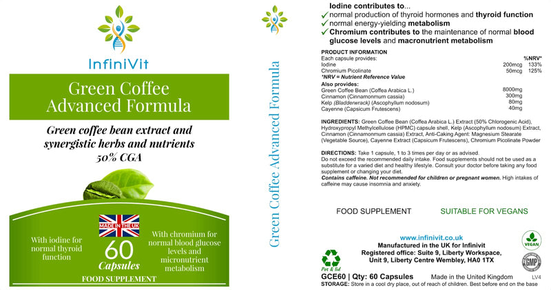 Green Coffee Advanced Formula - 50% Chlorogenic Acid CGA with Cinnamon, Cayenne, Iodine and Chromium - 60 Capsules, Beneficial for Weight Loss, Appetite Control, Energy Level - BeesActive Australia