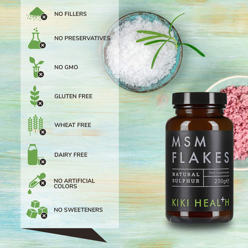 KIKI Health Natural MSM Flakes Minerals Supplements - Pure Natural Sulphur for Joints, Skin, Hair & Nails - Gluten-Free & Allergen-Free MSM Supplements - No Additives Easy Formulation 200g 200 g (Pack of 1) - BeesActive Australia