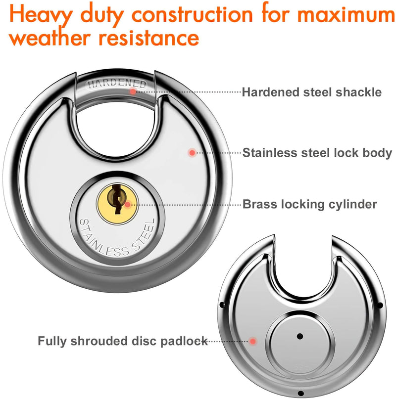 Puroma Stainless Steel Discus Keyed Padlock Waterproof and Rustproof Storage Lock with 3 Keys and 5/16 Inch Stainless Steel Shackle for Storage Facilities, Tool Box, Fence, Garage, and Outdoors-1 Pack 1 Small - BeesActive Australia