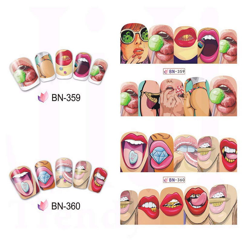 Valentines Nail Sticker Decals 12 Styles Sexy Fashion Design Cute Lips Mouth Nail Art Stickers Cool Water Transfer Nail Decals for Women Girls DIY Nail Art Beauty Nail Art Salon Nail Art Decorations - BeesActive Australia