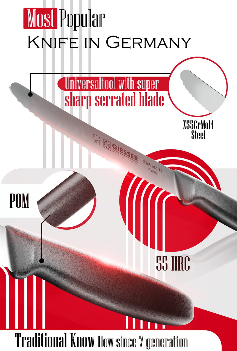 Giesser since 1779, Made in Germany, serrated Utility kitchen knives round tip dishwasher safe 4.5 inch - paring knife, Tomato knife, black steak knives set of 6, restaurant knife - BeesActive Australia