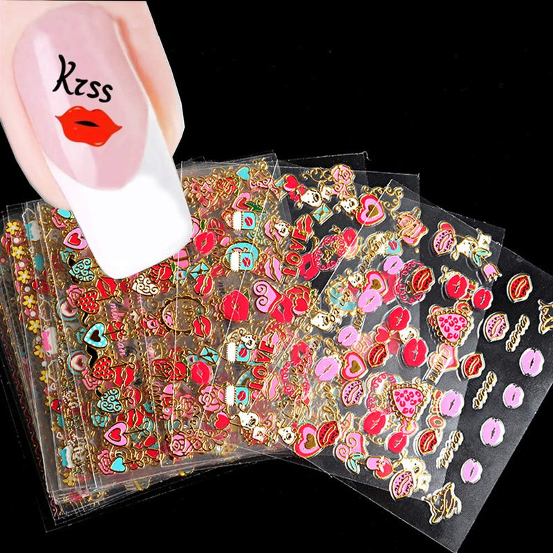 30 Sheets Valentines Day Nail Art Stickers Decals Valentines Day Nail Decorations 3D Self-Adhesive Valentines Day Love Heart Lip Sticker Lipstick Heart Color Red Lip Series Nail Sticker - BeesActive Australia