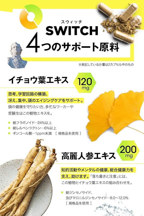 [Concentration, Learning, Motivation, Overall Health Supplement] Chiron SWITCH Ginkgo Biloba 120mg Phosphatidylserine Soybean Extract 100mg Ginseng 200mg Bacopa 16mg as Bacopa Saponin 2cap Synergy Ble - BeesActive Australia