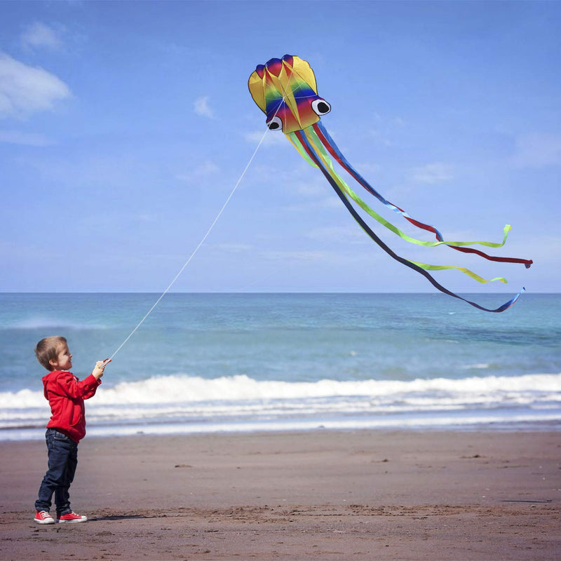 14ft R2F Rainbow Soft Octopus Kite for Kids and Audlts---Large Kite with 11.5ft Long Tail and 200ft Flying line---Easy to Fly Toy for Outdoor Games Beach and Activities - BeesActive Australia