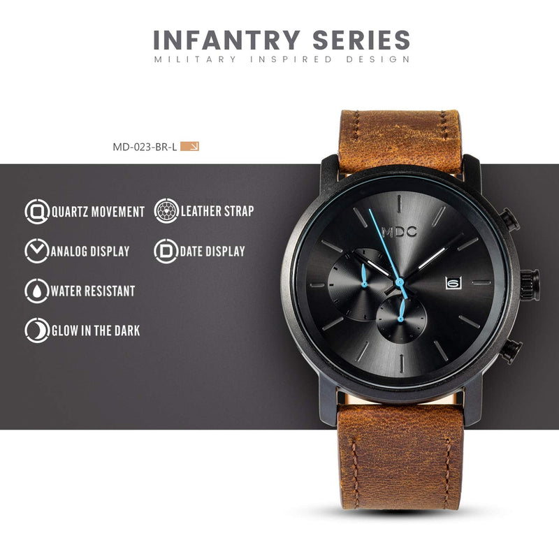 Infantry MDC Mens Black Watch Fashion, Chronograph Quartz Wrist Watches for Men, with Auto Date Waterproof, Genuine Leather Strap Brown - BeesActive Australia