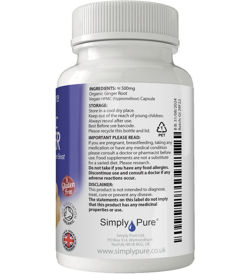 Simply Pure Organic Vegan Ginger Capsules x 90, 500mg, 100% Natural Soil Association Certified, Gluten Free and GM Free - BeesActive Australia