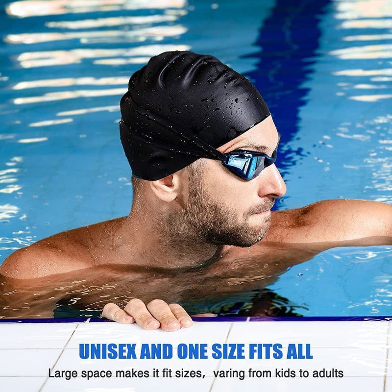 2 Pack Unisex Swim Caps Waterproof Silicone Swimming Caps Durable Elastic Non-Slip Bathing Swimming Pool Caps with Ear Plugs & Nose Clips for Women Men Adults Boys Girls Black&White - BeesActive Australia