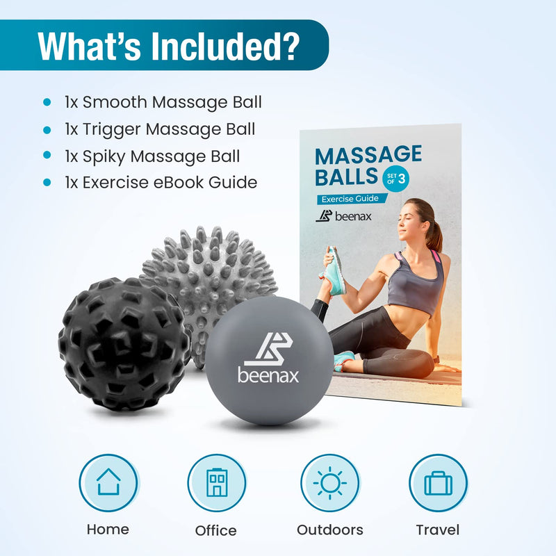 Beenax Massage Ball (Set of 3) - Perfect for Deep Tissue, Muscle Recovery, Trigger Point, Myofascial Release, Plantar Fasciitis and Muscle Relief - Designed to Relieve Stress and Relax Tight Muscles Grey - BeesActive Australia