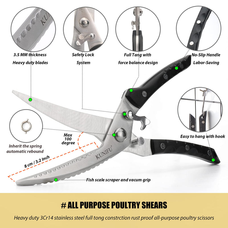 KUNIFU All Purpose Poultry Shears, Full Tang Heavy Duty Blades Kitchen Scissors, Dishwasher Safe and Stainless Cooking Cutter for Food, Chicken, Turkey, Meat, Beef, Bone, Veg, Fish, Herbs, BBQ Black - BeesActive Australia