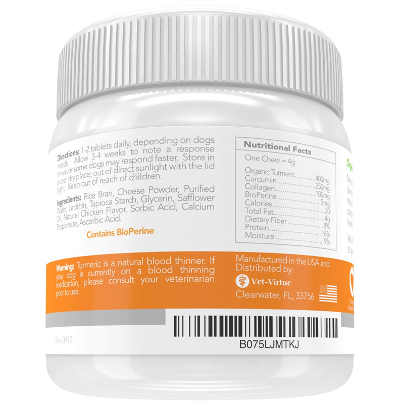 VET-VIRTUE Turmeric for Dogs - Organic Turmeric with Curcumin, Hip and Joint Supplement Dogs Soft Chew, with Collagen and Bioprene, High Absorption Eliminates Joint Pain Inflammation 1 Jar - BeesActive Australia