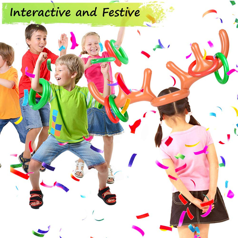 [AUSTRALIA] - 2 Set Inflatable Reindeer Antler Game (2 Reindeer Antler Hat with 12 Ring Toss, 2 Red Reindeer Nose, 1 Medal and 1 Hand-held Pump) Great Family Christmas Party Games 