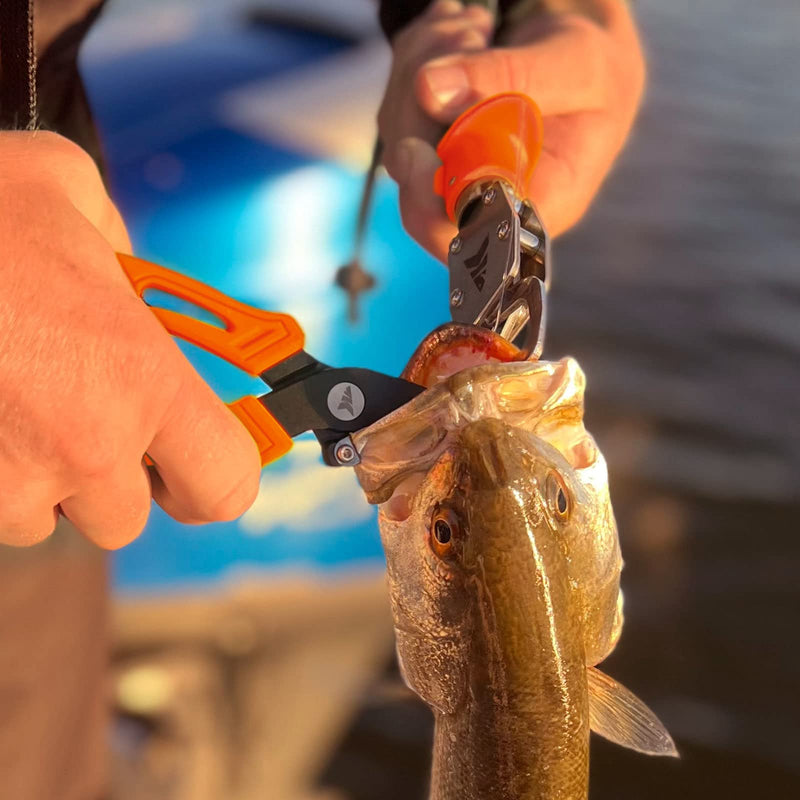 KastKing Fishing Pliers with Fish Lip Gripper, Saltwater Resistant Fishing Tools, Fishing Gear with Rubber Handle, Lanyard, Line Cutter Hook Remover with Sheath, Ice Fishing Gear, Fishing Gift for Men D: 6'' Straight Nose Plier and 9'' Lip Grip - Orange - BeesActive Australia