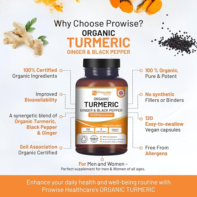 Turmeric Curcumin with Black Pepper & Ginger 1440mg I 120 Vegan Turmeric Capsule High Strength (2 Month Supplied) I Made in England by Prowise Health Care (Pack of 1) - BeesActive Australia