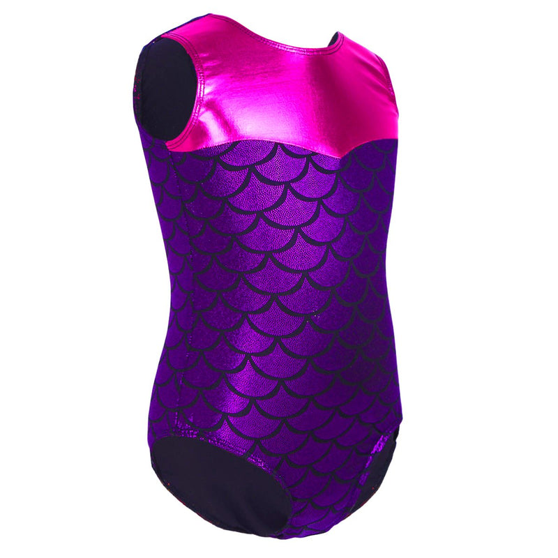 [AUSTRALIA] - TiaoBug Girls Metallic Leotard Sparkle Shiny Fish Scale Print Gymnastics Dance Clothes Athletic Bodysuit Outfit Purple 5-6 