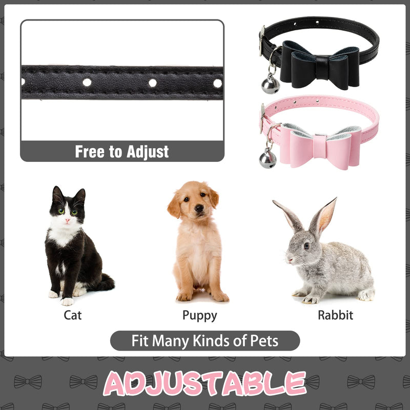 PUPTECK 2 Pack Leather Cat Collars with Detachable Bowtie & Bell - Adjustable Pet Collars with Nice Color for Small Medium Large Kitties, Skin-Friendly, Safety Kitty Collars, 8 - 11inch Black+Pink - BeesActive Australia