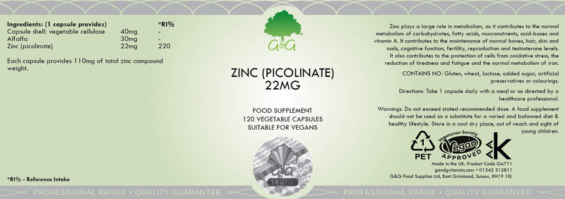 Zinc Picolinate | 22mg Elemental Zinc per Capsule | 120 Vegan Capsules | Chelated Zinc for Improved Absorption | G&G Vitamins - BeesActive Australia