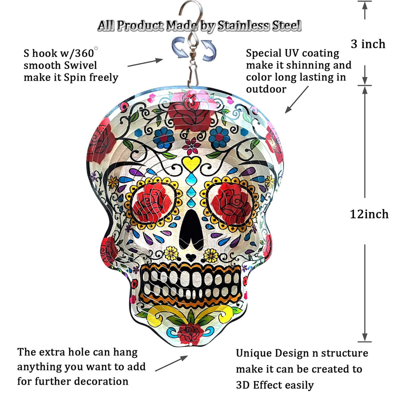 Fonmy Kinetic 3D Metal Garden Wind Spinner Quality Hanging Ornament for Home and Garden 12inch Mandala Rose Sugar Skull Wind Spinners - BeesActive Australia
