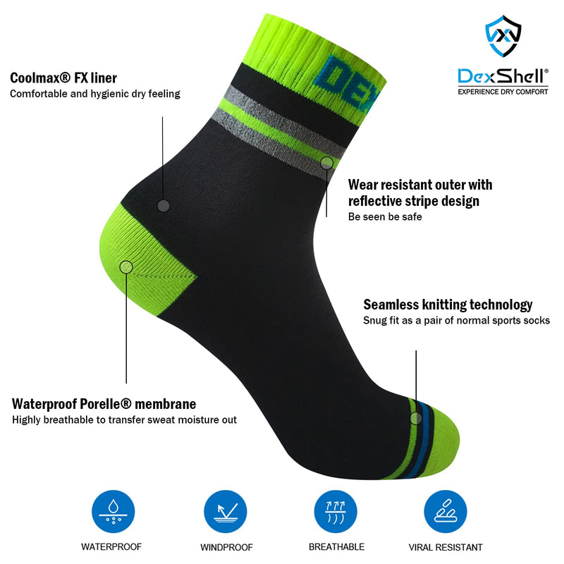 DexShell Waterproof Breathable Coolmax Pro Visibility Sports Socks Ankle Black/Hi-vis Yellow Large - BeesActive Australia