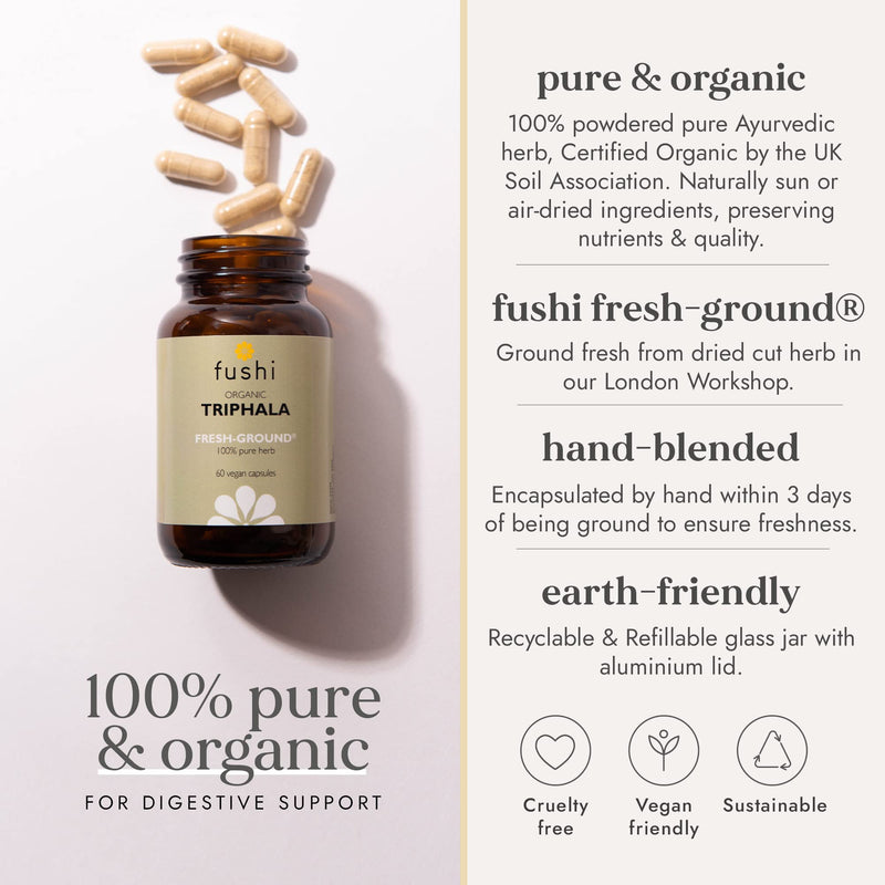 Fushi Organic Triphala Capsules, 60 Caps | Fresh-Ground Whole Food | Body Tonic, Cleansing & Detoxifying the system, Regulating Digestive System | Ayurvedic Medicine| Ethical & Vegan |Made in the UK - BeesActive Australia