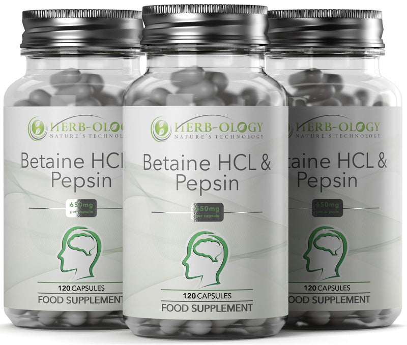 Herb-Ology Betaine HCL & Pepsin Capsules | 120 Betaine Hydrochloride Supplements, 650mg per Capsule | Clean Fillers & Manufactured in The UK - BeesActive Australia