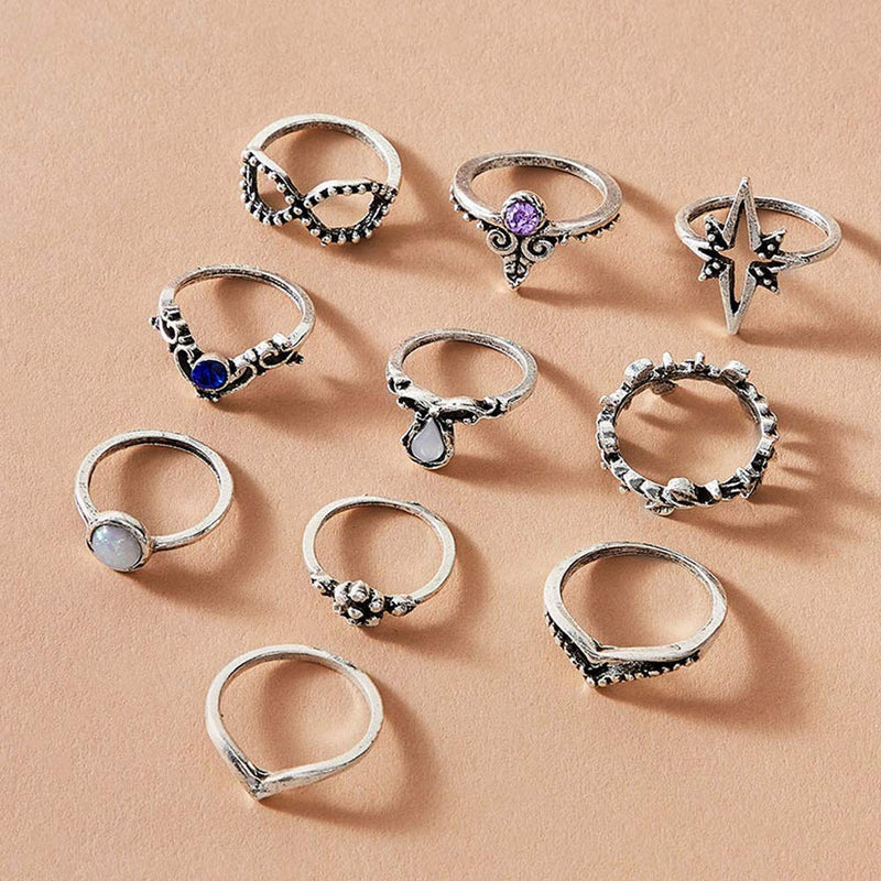 Xerling 10 Pcs Vintage Silver Knuckle Rings Set for Women Gem Crown Star Bowknot Stackable Rings Pack Bohemian - BeesActive Australia