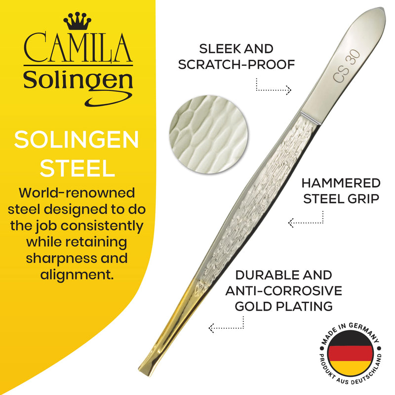 Camila Solingen CS30 3.5 Inches Gold Tipped, Surgical Grade, German Stainless Steel Tweezers (Claw) - Flawless Eyebrow and Facial Hair Shaping and Removal for Men/Women Claw - BeesActive Australia