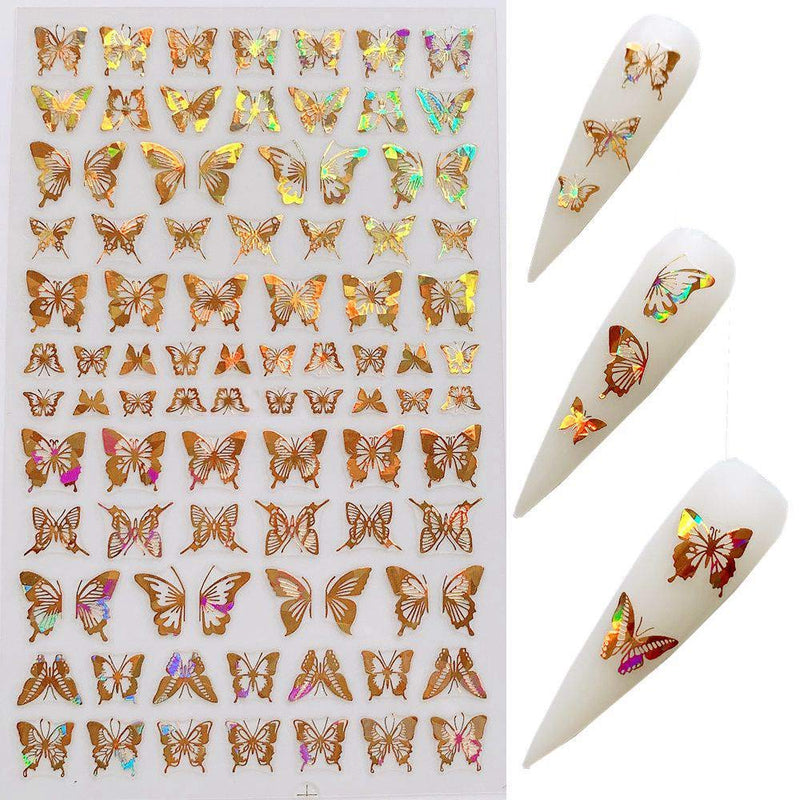 Butterfly Nail Art Decals Sticker Nail Art Supplies Gold Nail Art Adhesive Sticker Holographic Laser Butterfly Design Nail Foil 3D Luxury Butterflies Sticker for Acrylic Nails Decorations Laser Gold&silver - BeesActive Australia