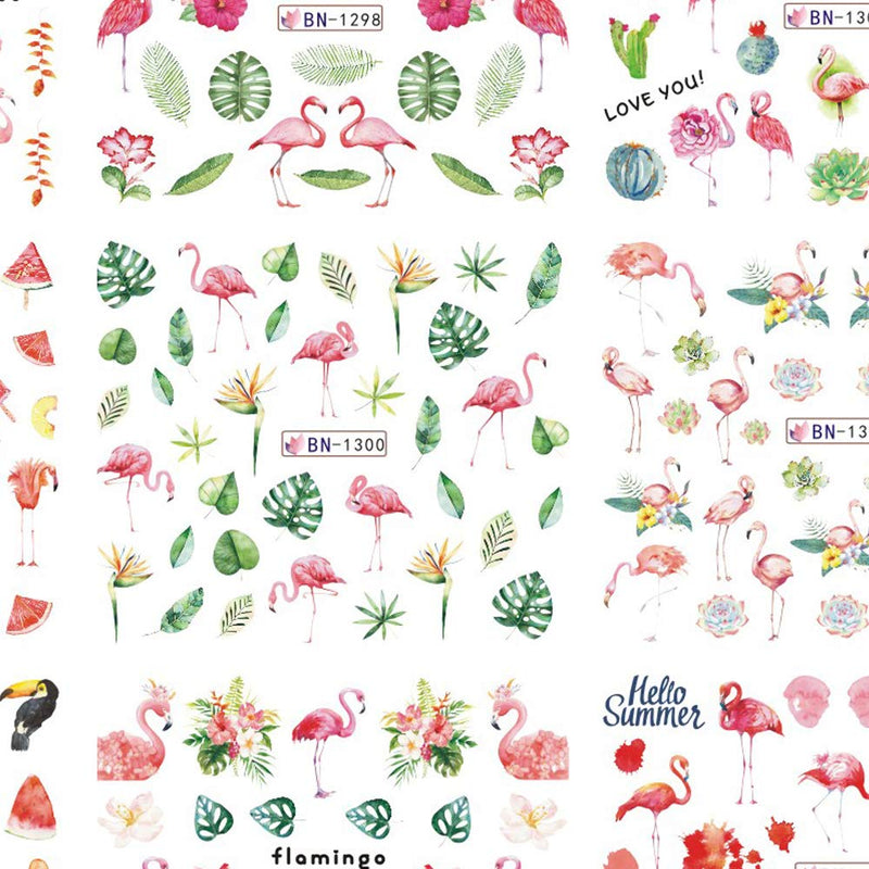Flamingos Nail Art Stickers Decals Acrylic Nail Supplies Designer Nail Sticker for Nail Art 12 Pcs Water Transfer Flamingos Flower Green Leaves Spring&Sunmer Nail Accessories Decorations for Women Girls - BeesActive Australia