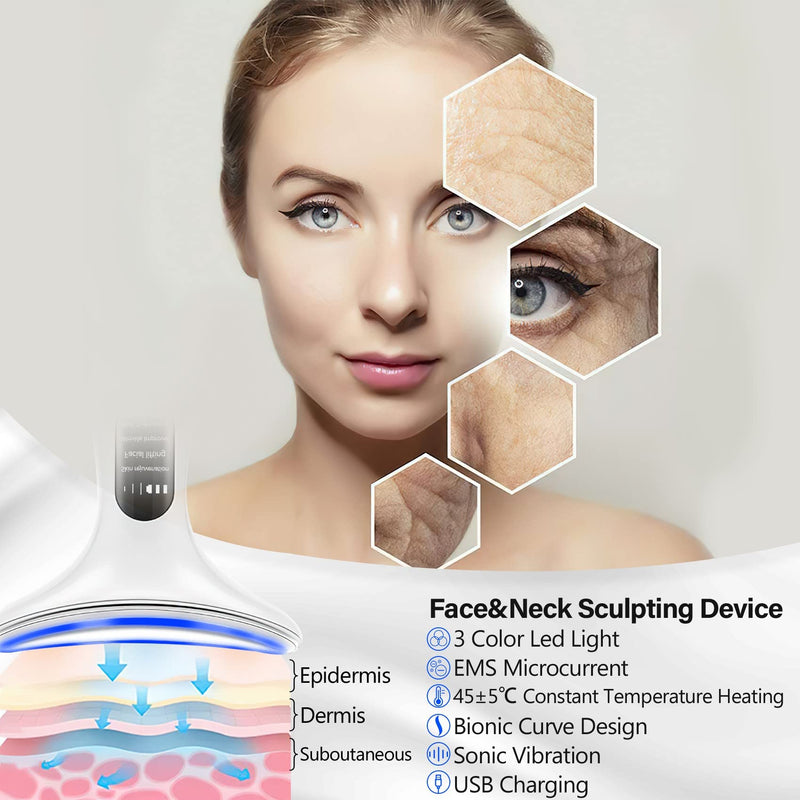 Aikertec Neck Face Massager, Electric Face and Neck Lifting Face Contouring Tool With 3 Colors of LED, Heating and Vibrating Skin Rejuvenating Beauty Device to Lift and Tighten Sagging Skin White - BeesActive Australia