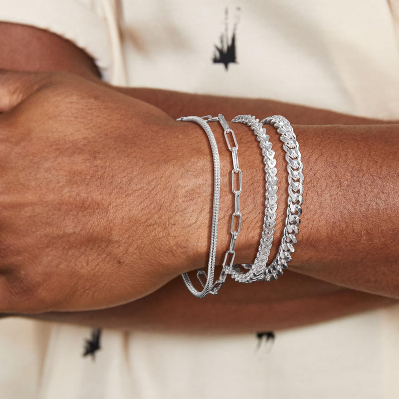 Poaiiu Silver/Gold Layered Chain Bracelets Sets for Men Women Sterling Silver Rope Figaro Cuban Link Chain Bracelets Set Men Jewelry Gifts for Dad Boyfriend Husband Snake Chain - BeesActive Australia