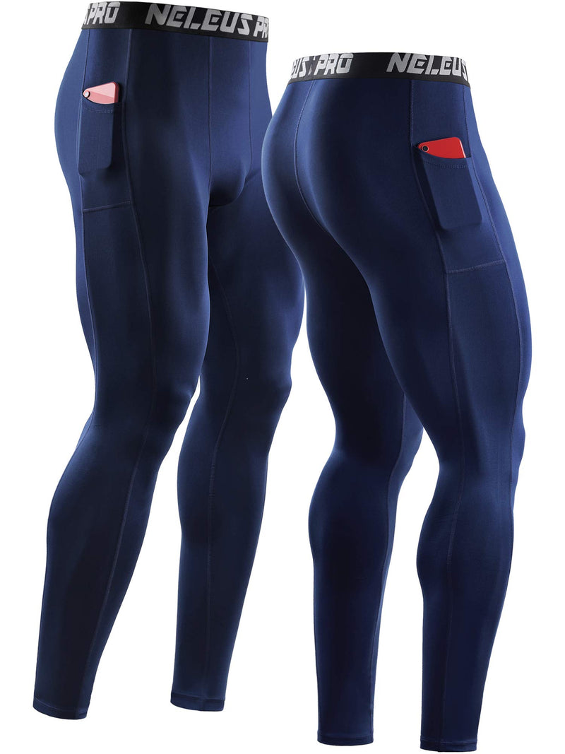 Neleus Men's Dry Fit Compression Baselayer Pants Running Tights Leggings with Phone Pocket Medium 6069 Blue/Navy,2 Pack - BeesActive Australia