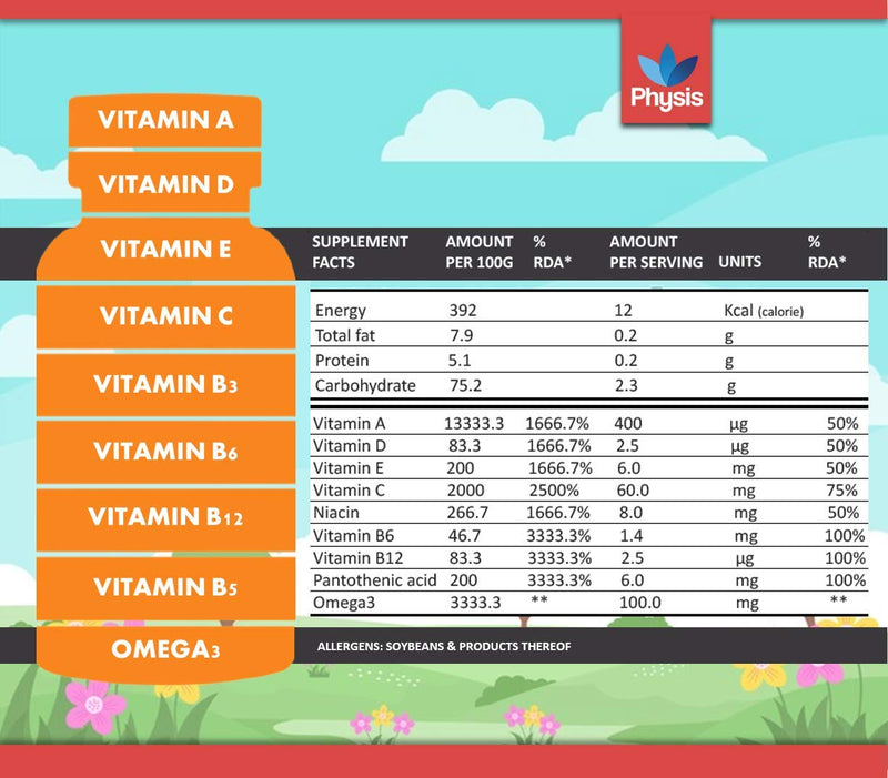 Physis Kids Multivitamin Gummies | Ages 2+ | 30 Orange Flavour Chewable Vitamin with Vitamins C, D, Omega 3 & More | Kids Vitamins Chewies for Cognition, Energy & Support Growth | Children's Vitamins Buddy Bear Yum-Gums - BeesActive Australia