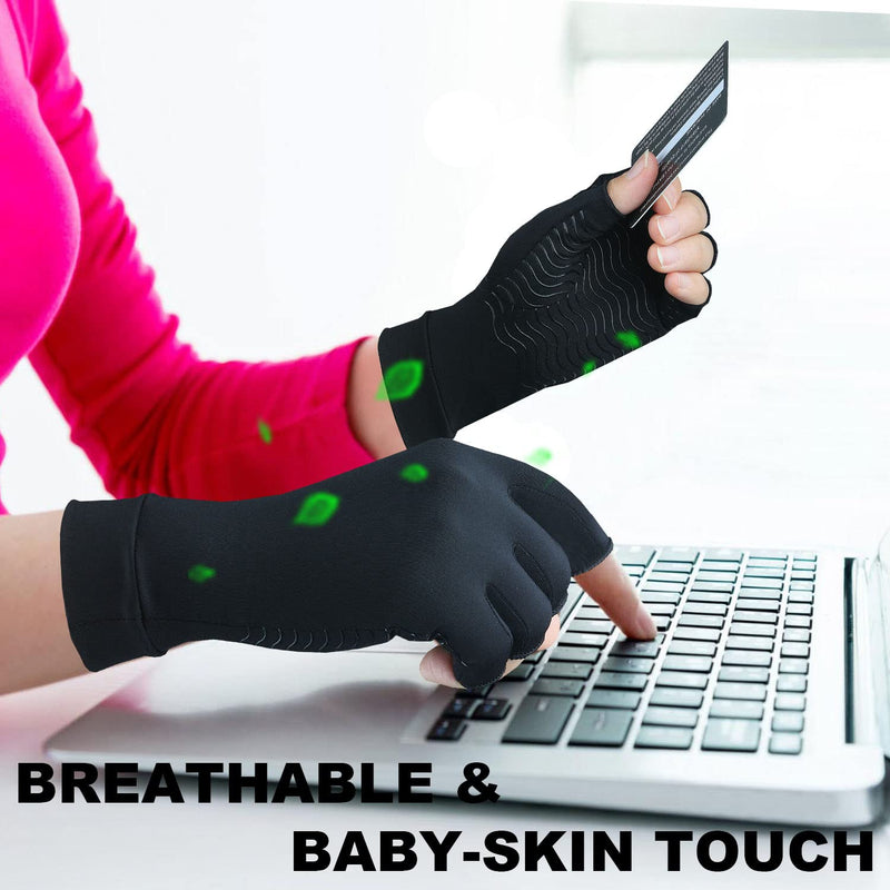 SHIFANQI 2 Pairs Copper Arthritis Gloves for Carpal Tunnel Pain Relief, Compression Gloves to Alleviate Hand Pain,Swelling,Fingerless Typing Gloves for Rheumatoid,Tendonitis for Women & Men (Medium) Medium Open Finger - BeesActive Australia