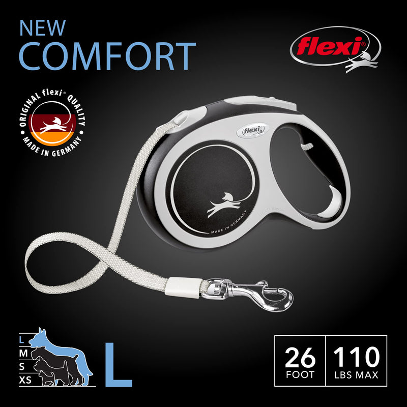 FLEXI New Comfort Retractable Dog Leash (Tape), for Dogs X-Small to Large, 10-26 ft Grey Large - 26 ft - BeesActive Australia