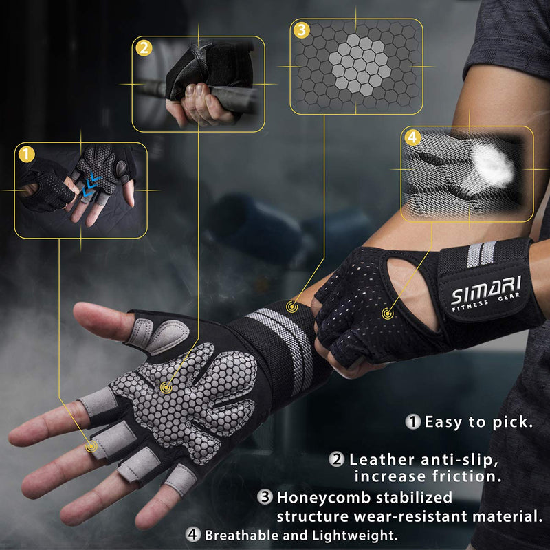 SIMARI Workout Gloves Mens and Women Weight Lifting Gloves with Wrist Wraps Support for Gym Training, Full Palm Protection for Fitness, Weightlifting, Exercise, Hanging, Pull ups Ashy Black Large - BeesActive Australia