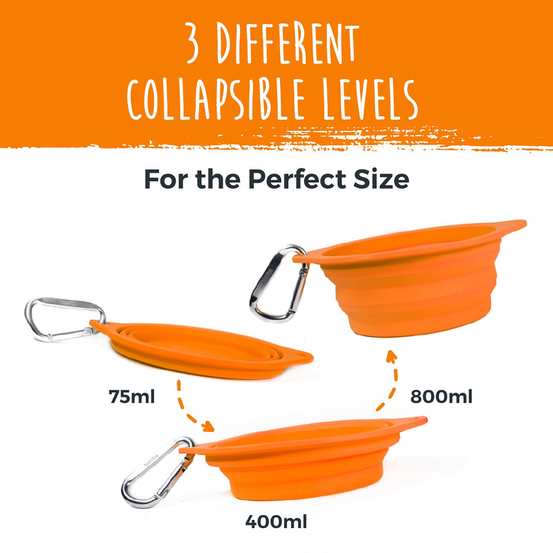 Mighty Paw Collapsible Travel Dog Bowl Set - 2 Pack (27 Oz) | Food Safe Silicone Food & Water Bowls for Pets. Bonus Carabiner Clip for Hiking, Camping or Walking. Lightweight & Leak-Proof Orange - BeesActive Australia