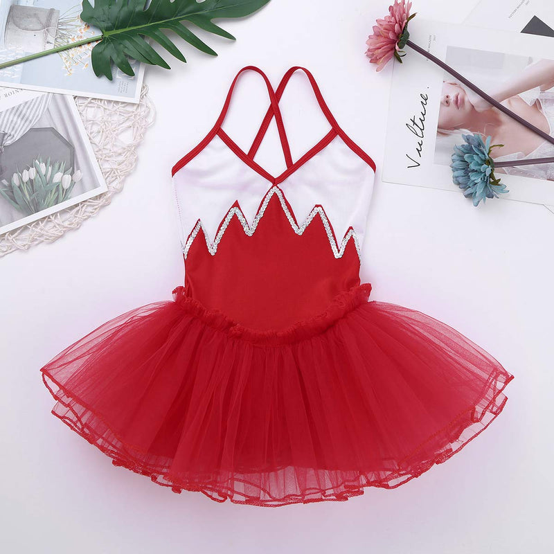[AUSTRALIA] - JEATHA Kids Girls Glittery Sequins Ballet Tutu Dress Criss Cross Back Spaghetti Shoulder Strap Gymnastic Leotard Red 7 / 8 
