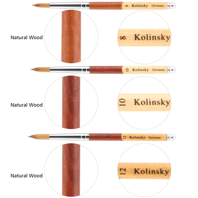 Tecbeauty 3-Pack Professional Acrylic Nail Brush for Application Acrylic Powder Painting, Kolinsky Hair, Wood Handle,Size#8#10#12 3pcs #8 10 12 - BeesActive Australia