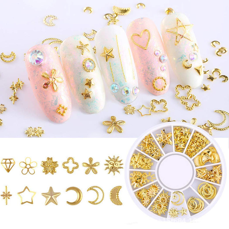 SIPLIV Metal Nail Art Rivet Stripe Heart Hollow Out Star Moon Floral Plants Rivet Nail Art DIY Decoration (6 Boxes) with A Nail Art Star Moon Stickers (4 Pcs) - Gold Gold - 6pcs - BeesActive Australia