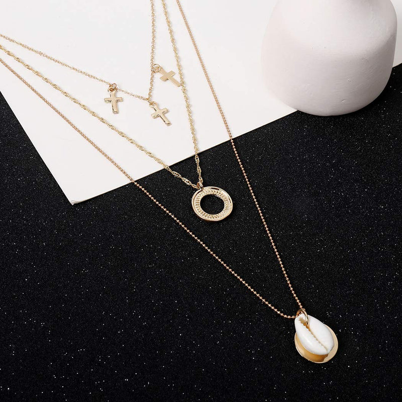 Edary Layered Pendant Necklace Natural Shells Cross Gold Necklaces Chain for Women and Girls - BeesActive Australia