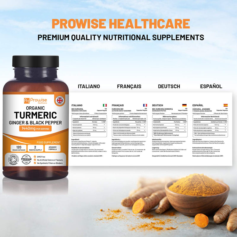 Organic Turmeric Capsules High Strength 1440mg | 120 Capsules with Black Pepper, Ginger & Active Ingredient Curcumin (2 Month Supply) | Turmeric Capsules High Strength Made In UK by Prowise Healthcare - BeesActive Australia