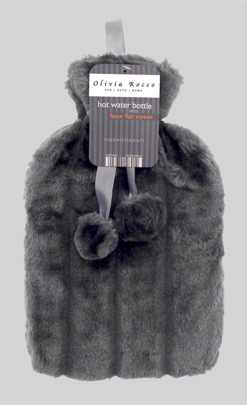 Olivia Rocco Plain Faux Fur Hot Water Bottle with Pom Poms Thermotherapy Hotwater Plush Fleece Bottles Winter Gift, Charcoal - BeesActive Australia