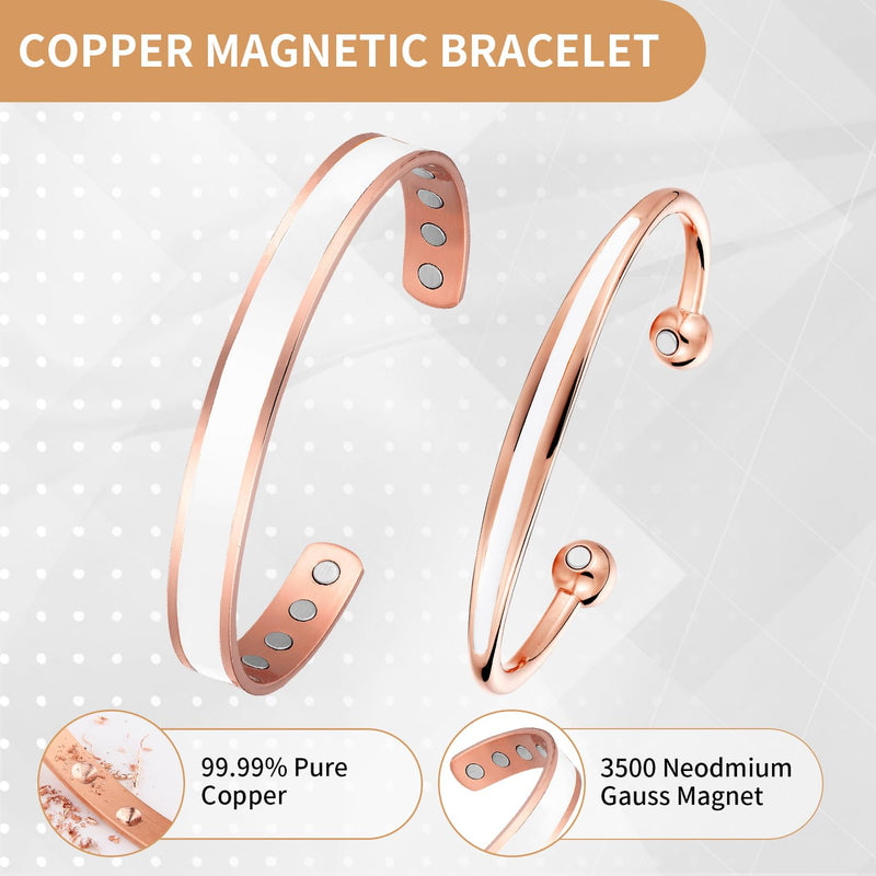 BioMag 2pcs Magnetic Copper Bracelet for Women Men Solid Copper Magnetic Bangle Adjustable to Fit Most Wrist for Men and Women (White) White - BeesActive Australia