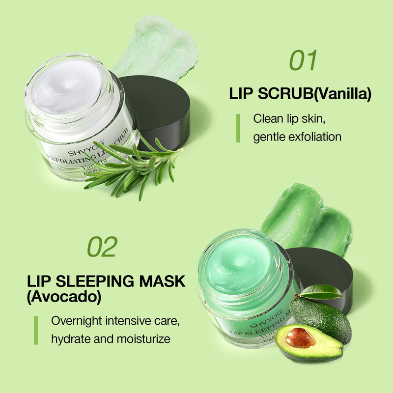 Avocado Lip Sleeping Mask+Vanilla Lip Scrub, Double Effect Lip Care with Hydrate & Moisturizer,Lips Exfoliating Scrubs Sleeping Lip Balm for Lips Treatment Lip Repair Chapped Dry Lips (10gx2) Avocado - BeesActive Australia