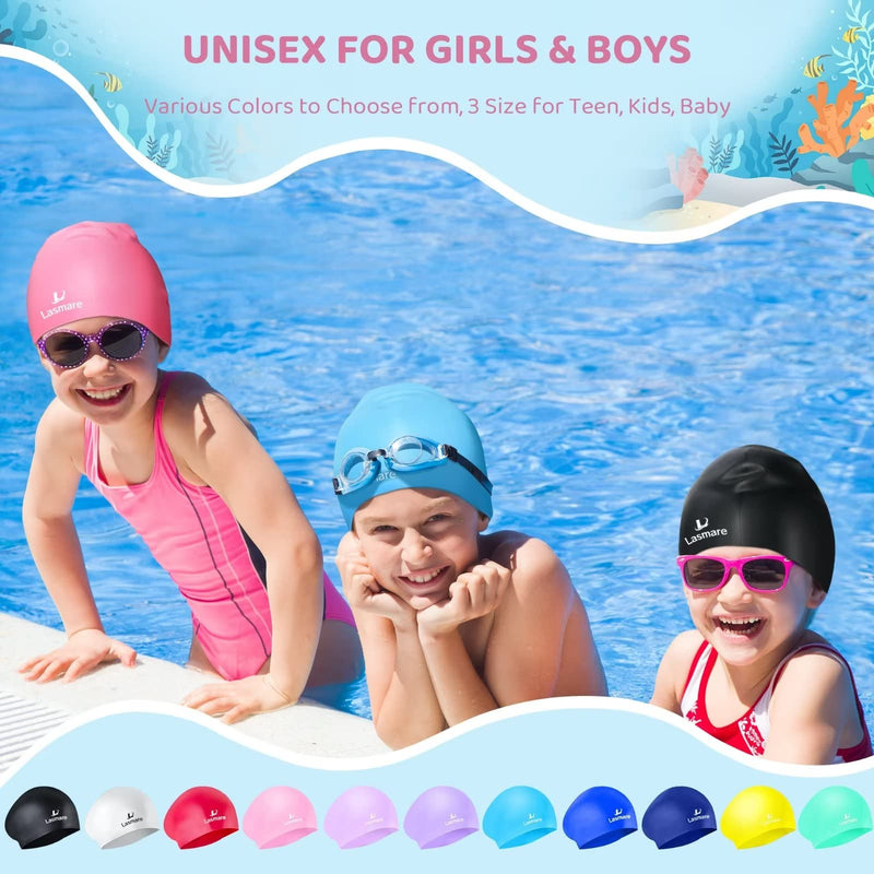 Kids Long Hair Swim Cap for Girls Boys, 3 Size Silicone Swimming Cap for Age 1-15 Toddler Children Teens, Waterproof Swim Hats Bathing Caps with Ear Plugs & Nose Clip to Keep Hair Dry Pink Age 3-8 - BeesActive Australia