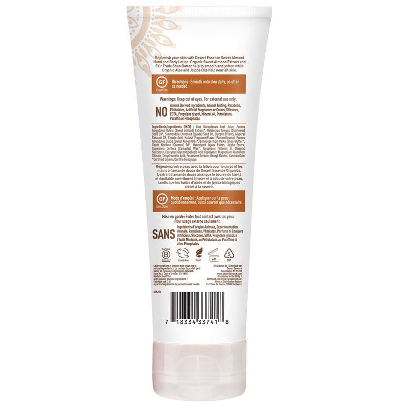 Desert Essence Sweet Almond Hand & Body Lotion - 8 Fl Ounce - Replenishing - Aloe Vera - Shea Butter - Jojoba Oil - Nourishes Dry Skin - Soft & Silky - Vitamin A, B & E - BeesActive Australia